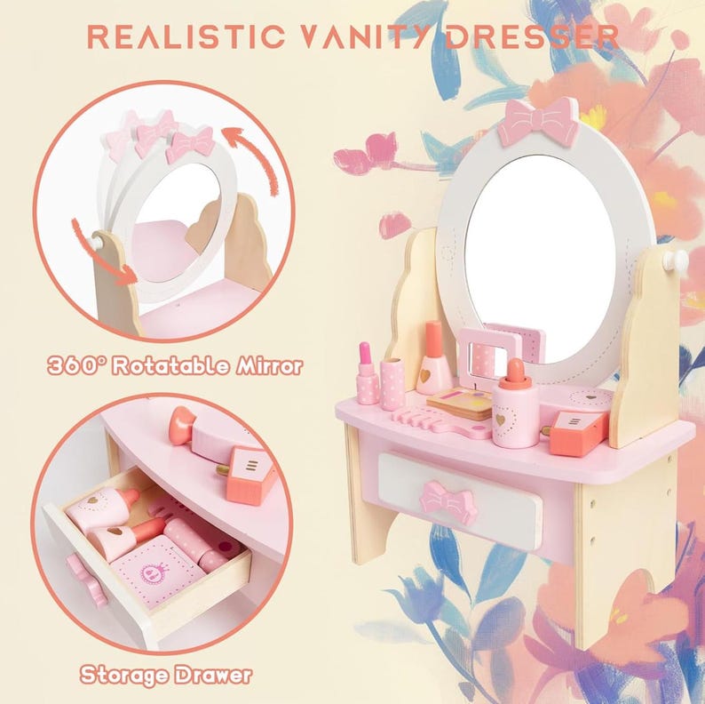 Wooden Toy Vanity with Play Make-Up, personalized, custom made vanity, imagination toy, wood toys
