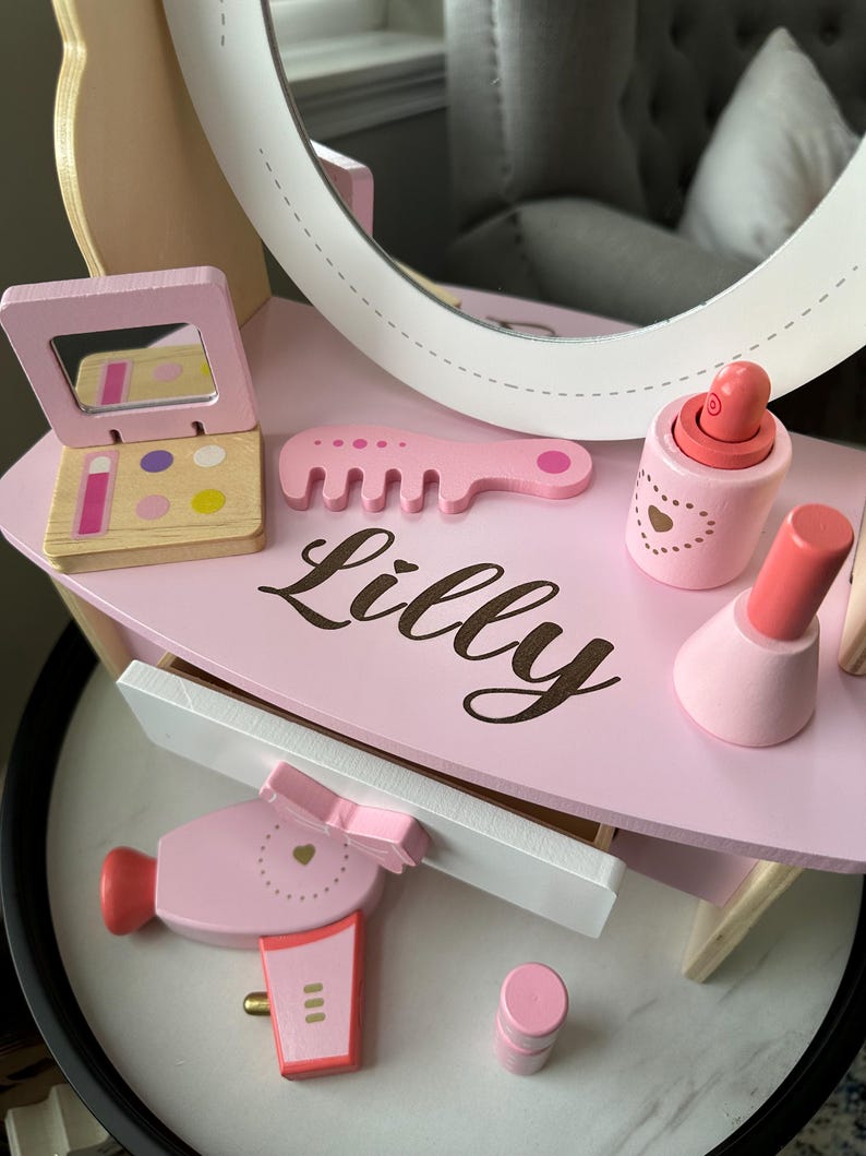 Wooden Toy Vanity with Play Make-Up, personalized, custom made vanity, imagination toy, wood toys