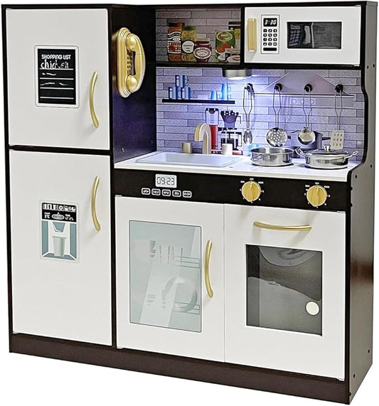 Wooden Play Kitchen Toy Set with Light, Kids Children Pretend Toy Kitchen Playset with Sink Play Toy