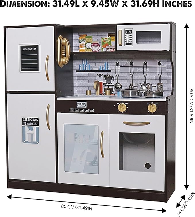 Wooden Play Kitchen Toy Set with Light, Kids Children Pretend Toy Kitchen Playset with Sink Play Toy