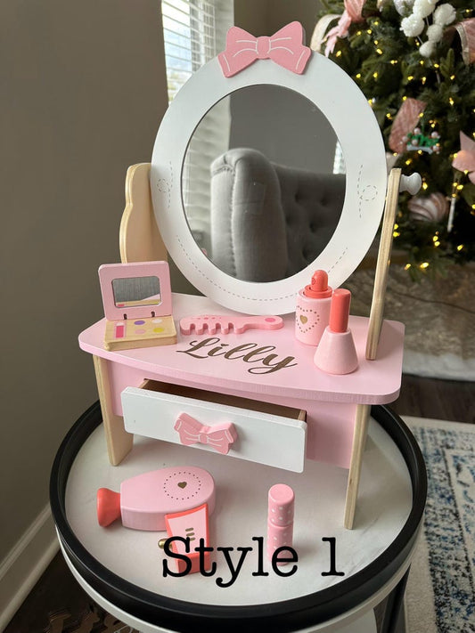 Wooden Toy Vanity with Play Make-Up, personalized, custom made vanity, imagination toy, wood toys